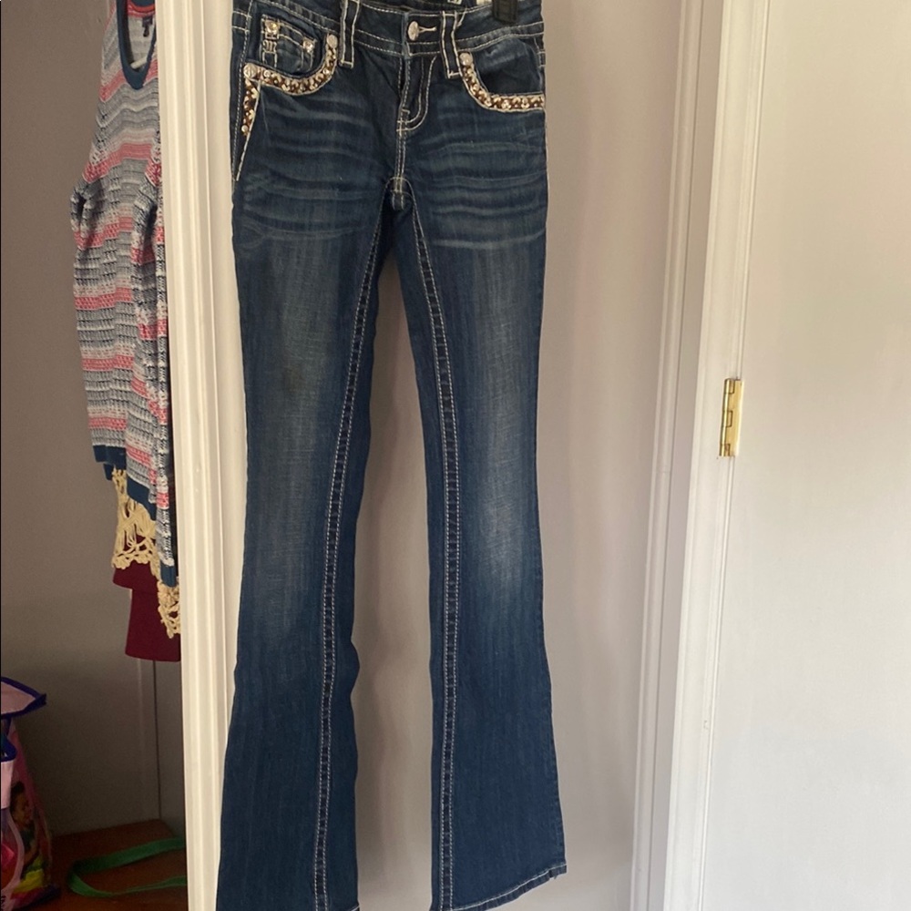 Miss Me Dark Blue Flare Jeans with Embellished Pockets